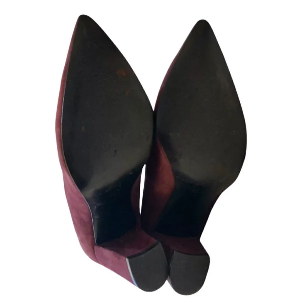 MARC FISHER Suede Pointed Toe Stacked Block Heel Pumps Eggplant Purple